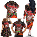 Merry Christmas Dolphins Family Matching Off The Shoulder Long Sleeve Dress and Hawaiian Shirt Aboriginal Santa Rugby Mascot - Redcliffe