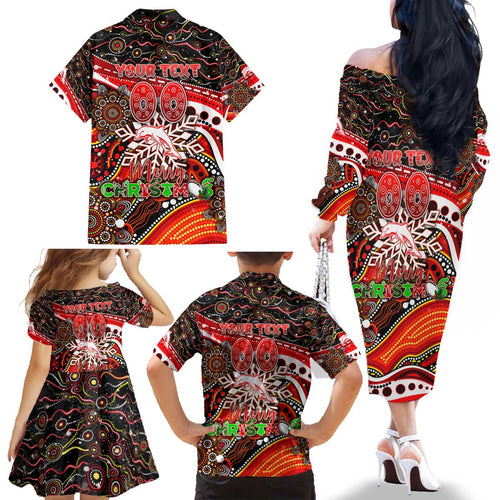 Merry Christmas Dolphins Family Matching Off The Shoulder Long Sleeve Dress and Hawaiian Shirt Aboriginal Santa Rugby Mascot - Redcliffe