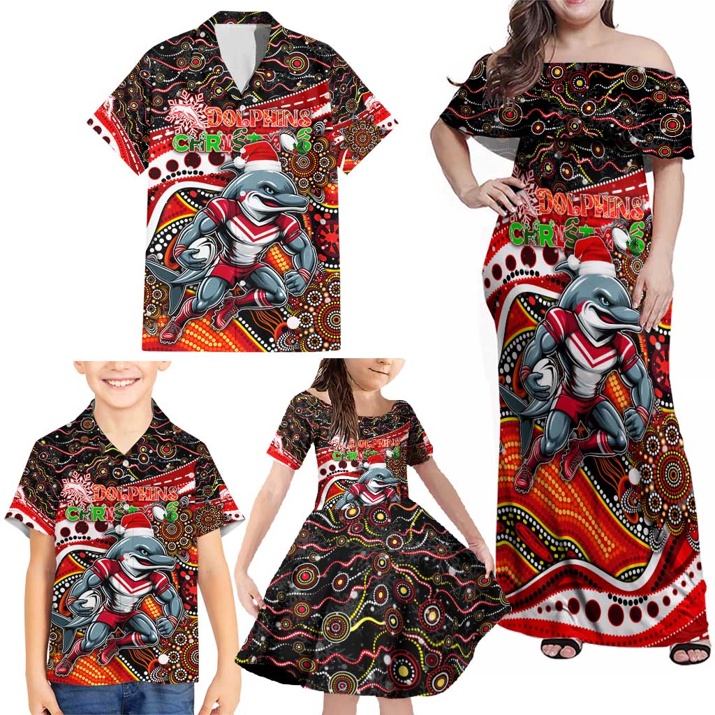 Merry Christmas Dolphins Family Matching Off Shoulder Maxi Dress and Hawaiian Shirt Aboriginal Santa Rugby Mascot - Redcliffe