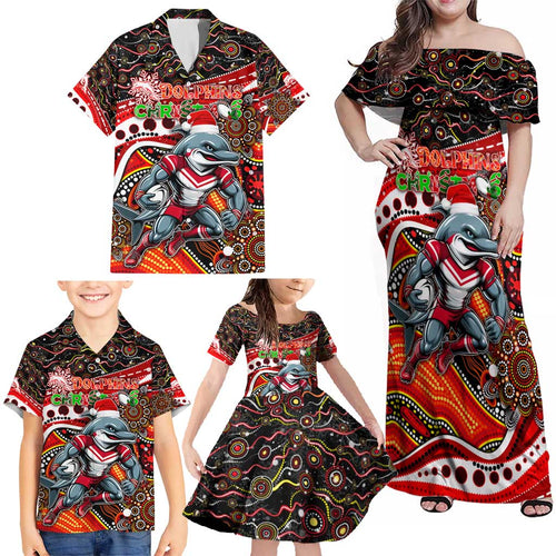 Merry Christmas Dolphins Family Matching Off Shoulder Maxi Dress and Hawaiian Shirt Aboriginal Santa Rugby Mascot - Redcliffe