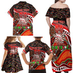 Merry Christmas Dolphins Family Matching Off Shoulder Maxi Dress and Hawaiian Shirt Aboriginal Santa Rugby Mascot - Redcliffe