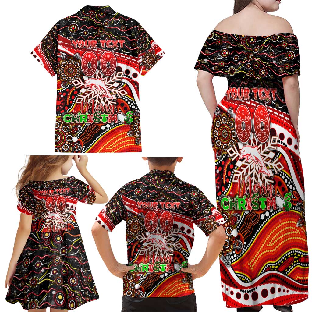 Merry Christmas Dolphins Family Matching Off Shoulder Maxi Dress and Hawaiian Shirt Aboriginal Santa Rugby Mascot - Redcliffe