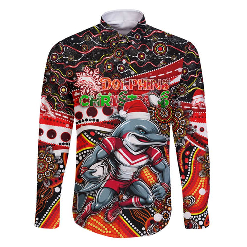 Merry Christmas Dolphins Family Matching Off Shoulder Maxi Dress and Hawaiian Shirt Aboriginal Santa Rugby Mascot - Redcliffe