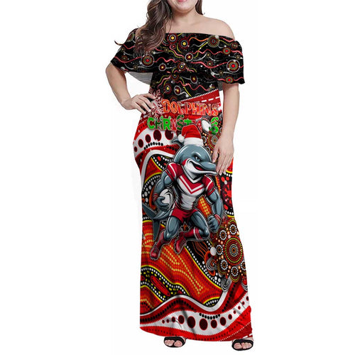 Merry Christmas Dolphins Family Matching Off Shoulder Maxi Dress and Hawaiian Shirt Aboriginal Santa Rugby Mascot - Redcliffe