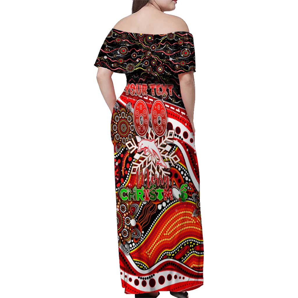 Merry Christmas Dolphins Family Matching Off Shoulder Maxi Dress and Hawaiian Shirt Aboriginal Santa Rugby Mascot - Redcliffe