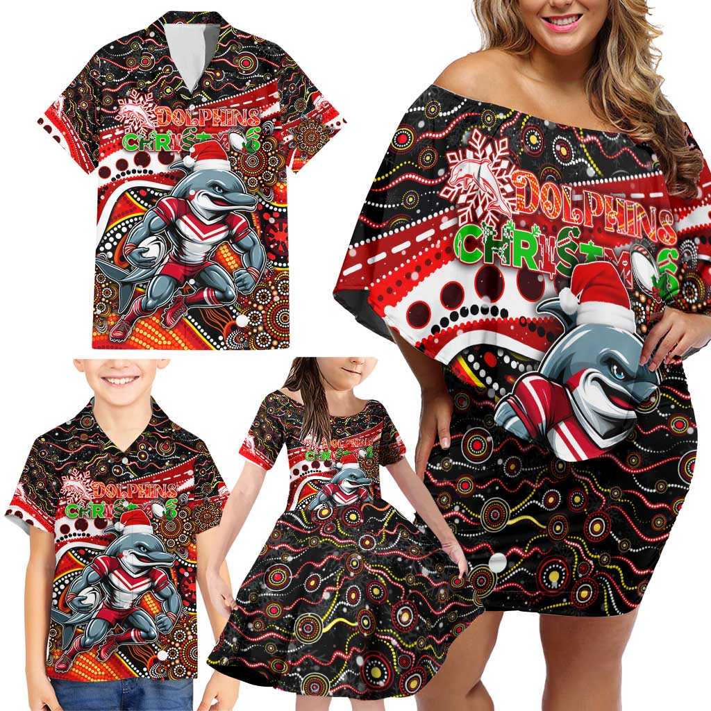 Merry Christmas Dolphins Family Matching Off Shoulder Short Dress and Hawaiian Shirt Aboriginal Santa Rugby Mascot - Redcliffe