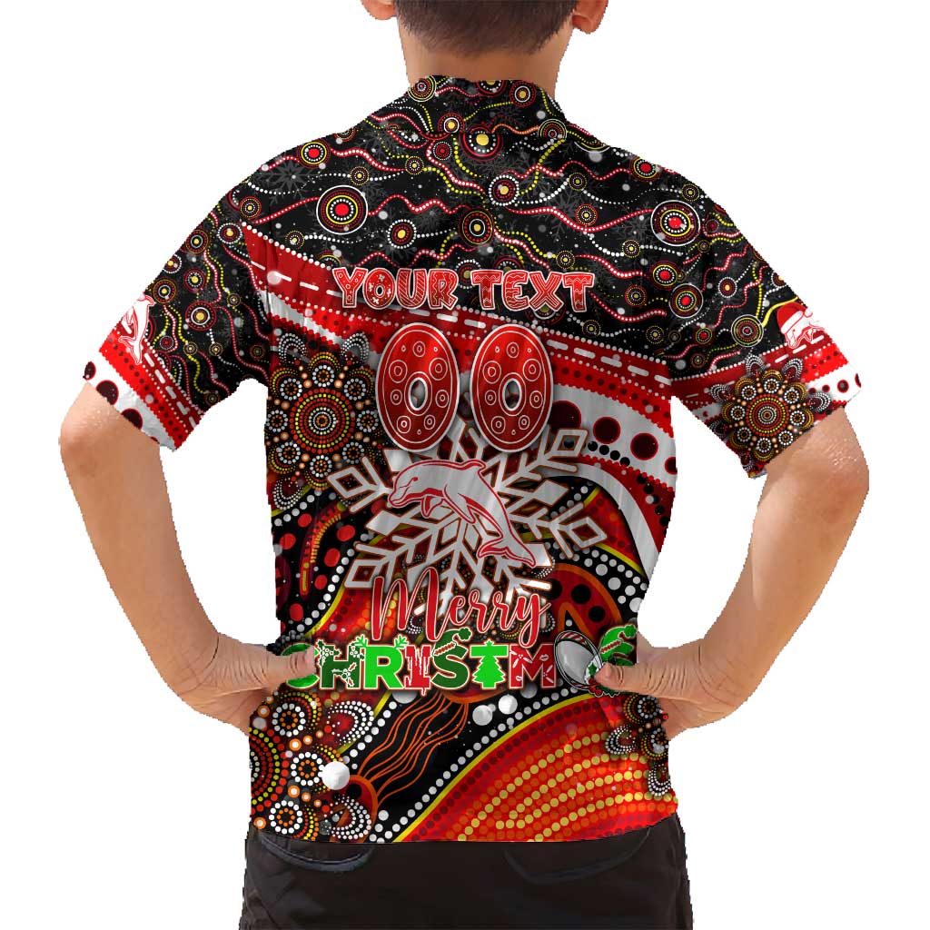 Merry Christmas Dolphins Family Matching Off Shoulder Short Dress and Hawaiian Shirt Aboriginal Santa Rugby Mascot - Redcliffe