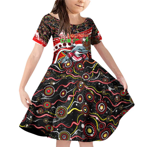 Merry Christmas Dolphins Family Matching Off Shoulder Short Dress and Hawaiian Shirt Aboriginal Santa Rugby Mascot - Redcliffe