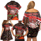 Merry Christmas Dolphins Family Matching Off Shoulder Short Dress and Hawaiian Shirt Aboriginal Santa Rugby Mascot - Redcliffe