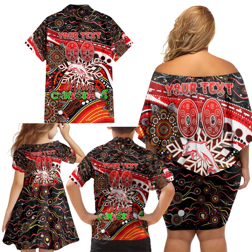 Merry Christmas Dolphins Family Matching Off Shoulder Short Dress and Hawaiian Shirt Aboriginal Santa Rugby Mascot - Redcliffe