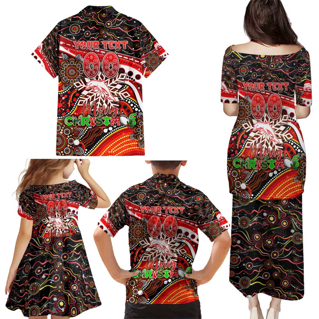 Merry Christmas Dolphins Family Matching Puletasi and Hawaiian Shirt Aboriginal Santa Rugby Mascot - Redcliffe