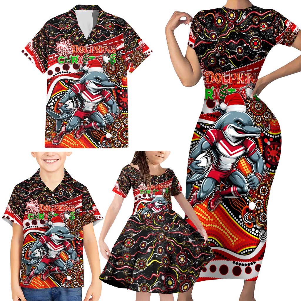 Merry Christmas Dolphins Family Matching Short Sleeve Bodycon Dress and Hawaiian Shirt Aboriginal Santa Rugby Mascot - Redcliffe
