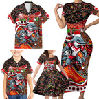 Merry Christmas Dolphins Family Matching Short Sleeve Bodycon Dress and Hawaiian Shirt Aboriginal Santa Rugby Mascot - Redcliffe