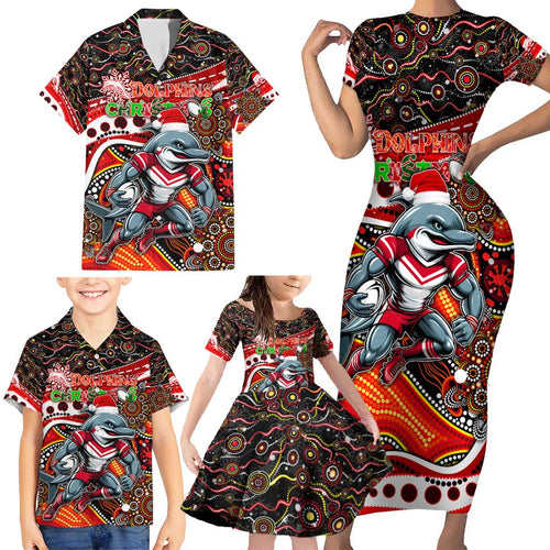 Merry Christmas Dolphins Family Matching Short Sleeve Bodycon Dress and Hawaiian Shirt Aboriginal Santa Rugby Mascot - Redcliffe
