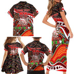 Merry Christmas Dolphins Family Matching Short Sleeve Bodycon Dress and Hawaiian Shirt Aboriginal Santa Rugby Mascot - Redcliffe
