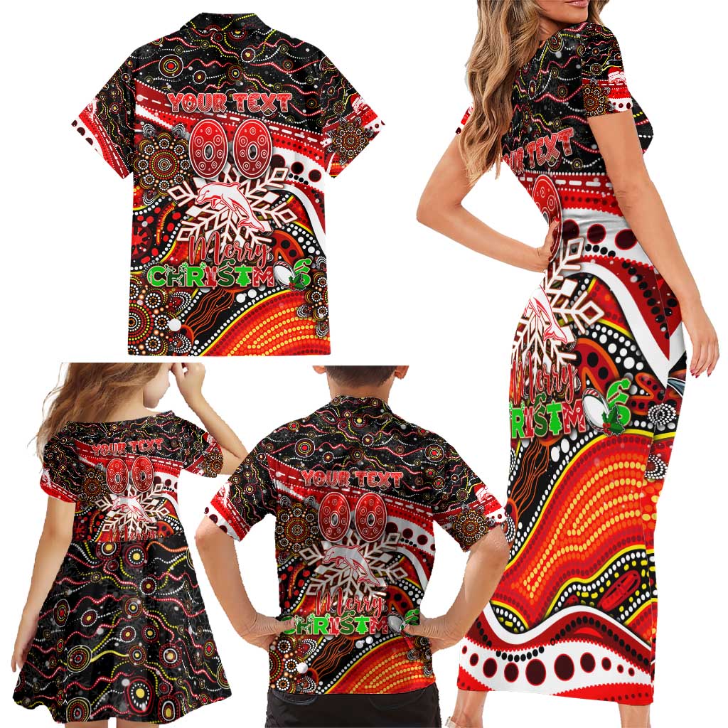 Merry Christmas Dolphins Family Matching Short Sleeve Bodycon Dress and Hawaiian Shirt Aboriginal Santa Rugby Mascot - Redcliffe