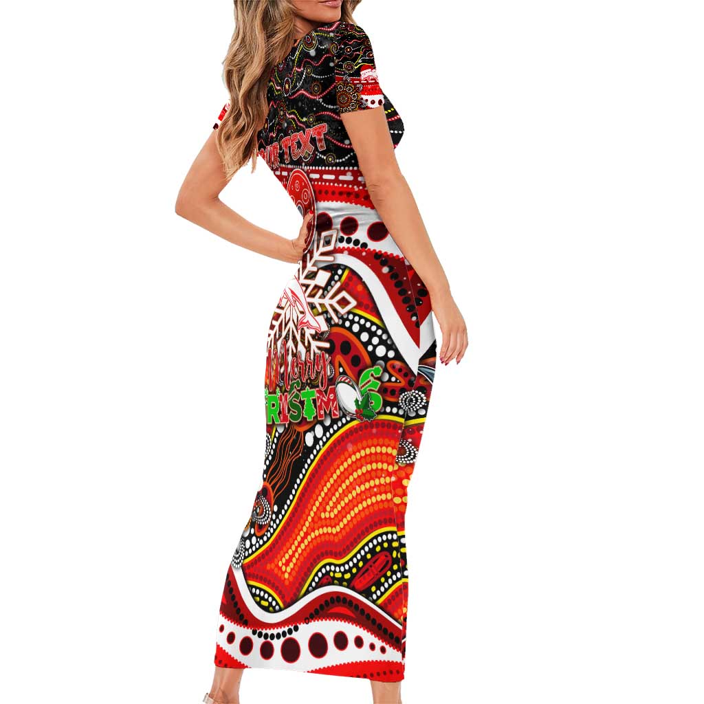Merry Christmas Dolphins Family Matching Short Sleeve Bodycon Dress and Hawaiian Shirt Aboriginal Santa Rugby Mascot - Redcliffe
