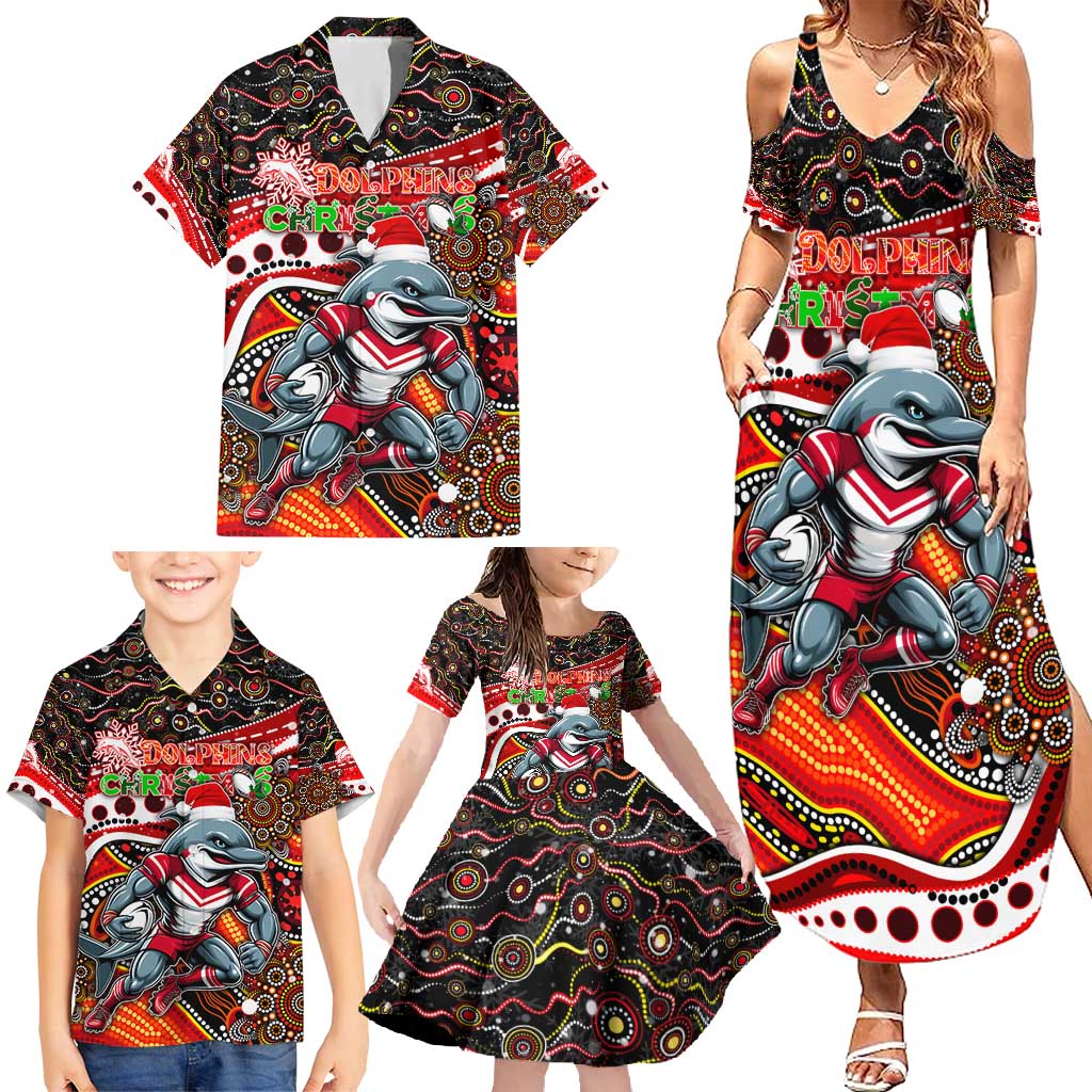 Merry Christmas Dolphins Family Matching Summer Maxi Dress and Hawaiian Shirt Aboriginal Santa Rugby Mascot - Redcliffe