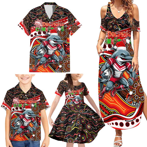 Merry Christmas Dolphins Family Matching Summer Maxi Dress and Hawaiian Shirt Aboriginal Santa Rugby Mascot - Redcliffe