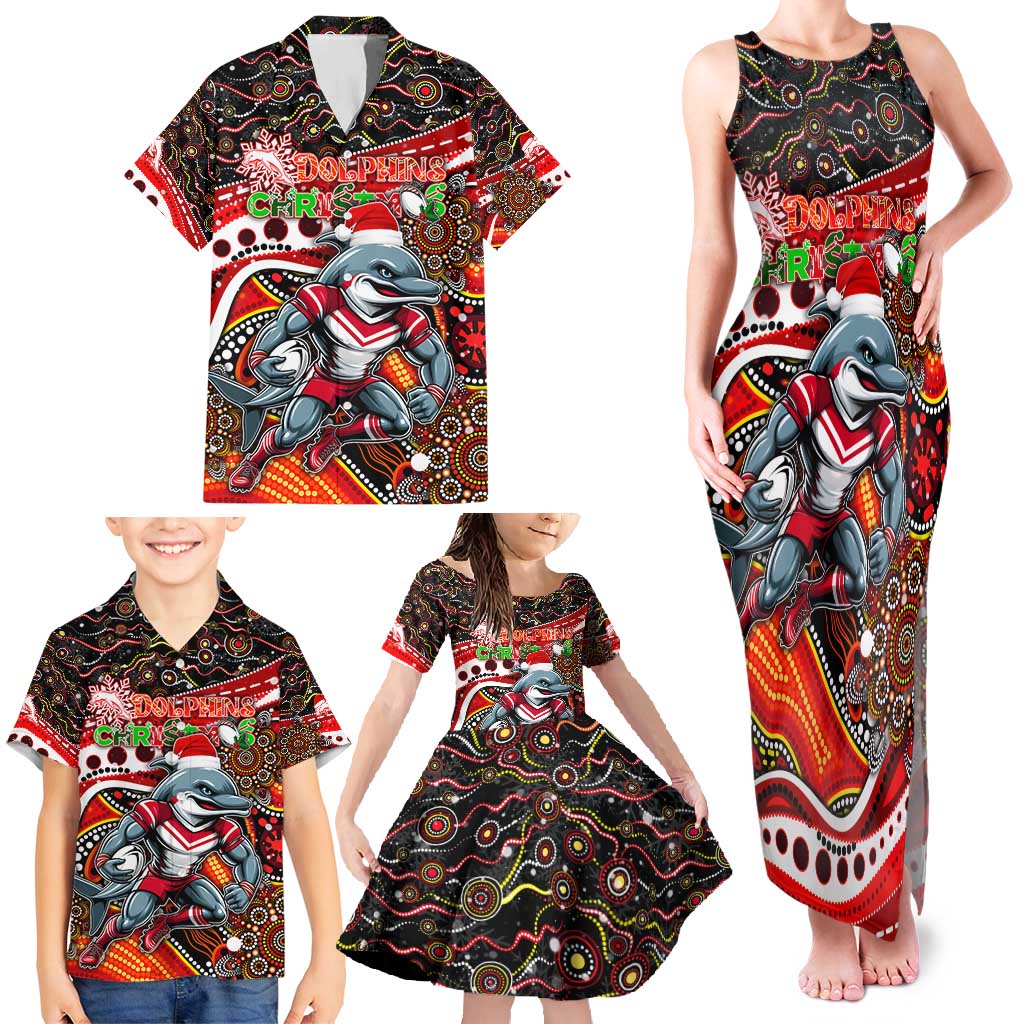 Merry Christmas Dolphins Family Matching Tank Maxi Dress and Hawaiian Shirt Aboriginal Santa Rugby Mascot - Redcliffe