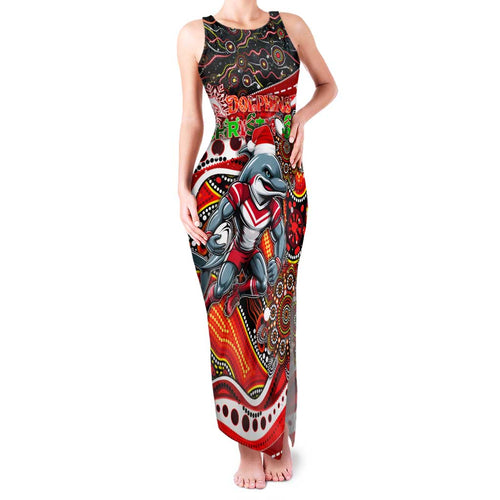 Merry Christmas Dolphins Family Matching Tank Maxi Dress and Hawaiian Shirt Aboriginal Santa Rugby Mascot - Redcliffe