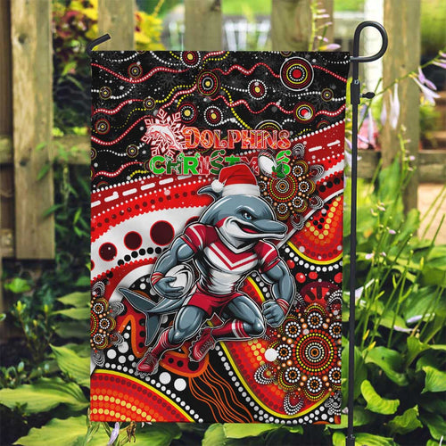 Merry Christmas Dolphins Garden Flag Aboriginal Santa Rugby Mascot - Redcliffe