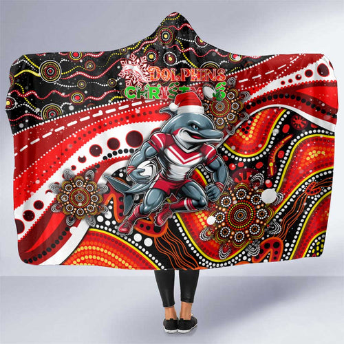 Merry Christmas Dolphins Hooded Blanket Aboriginal Santa Rugby Mascot - Redcliffe
