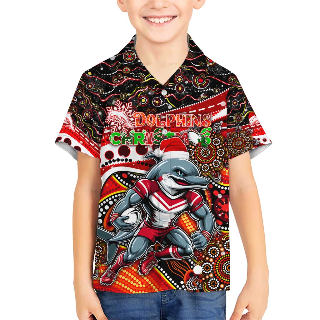 Merry Christmas Dolphins Kid Hawaiian Shirt Aboriginal Santa Rugby Mascot - Redcliffe