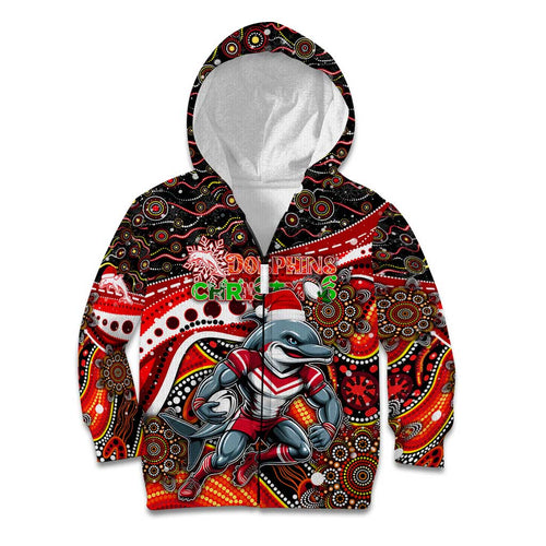 Merry Christmas Dolphins Kid Hoodie Aboriginal Santa Rugby Mascot - Redcliffe