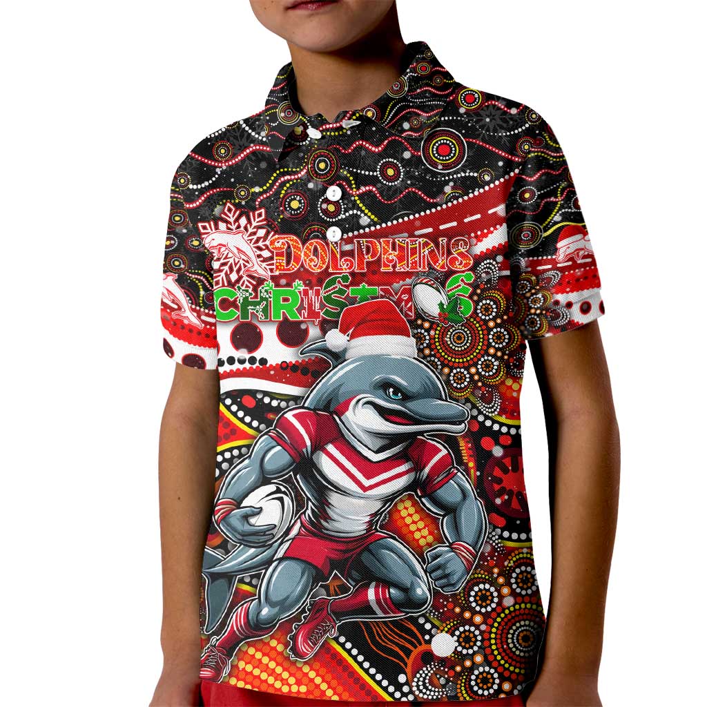 Merry Christmas Dolphins Kid Polo Shirt Aboriginal Santa Rugby Mascot - Redcliffe
