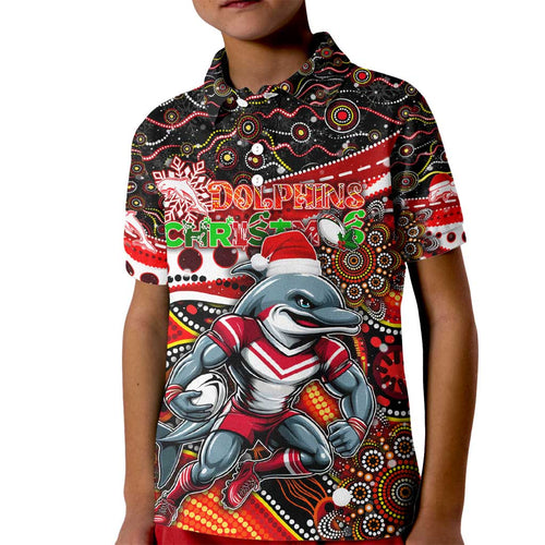 Merry Christmas Dolphins Kid Polo Shirt Aboriginal Santa Rugby Mascot - Redcliffe