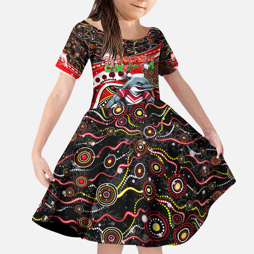 Merry Christmas Dolphins Kid Short Sleeve Dress Aboriginal Santa Rugby Mascot - Redcliffe