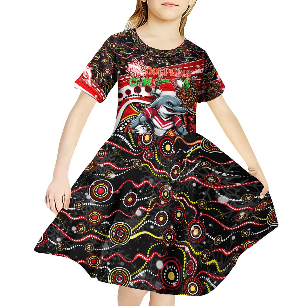 Merry Christmas Dolphins Kid Short Sleeve Dress Aboriginal Santa Rugby Mascot - Redcliffe