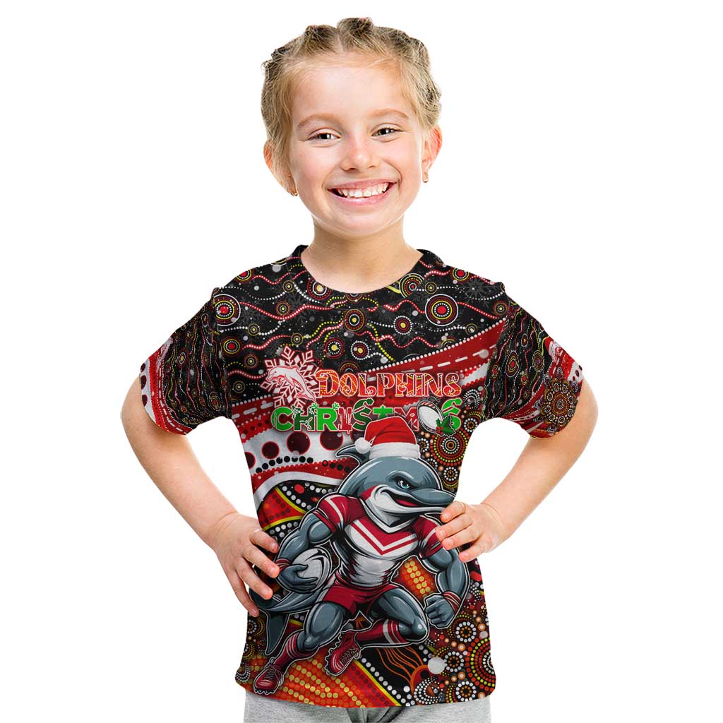 Merry Christmas Dolphins Kid T Shirt Aboriginal Santa Rugby Mascot - Redcliffe