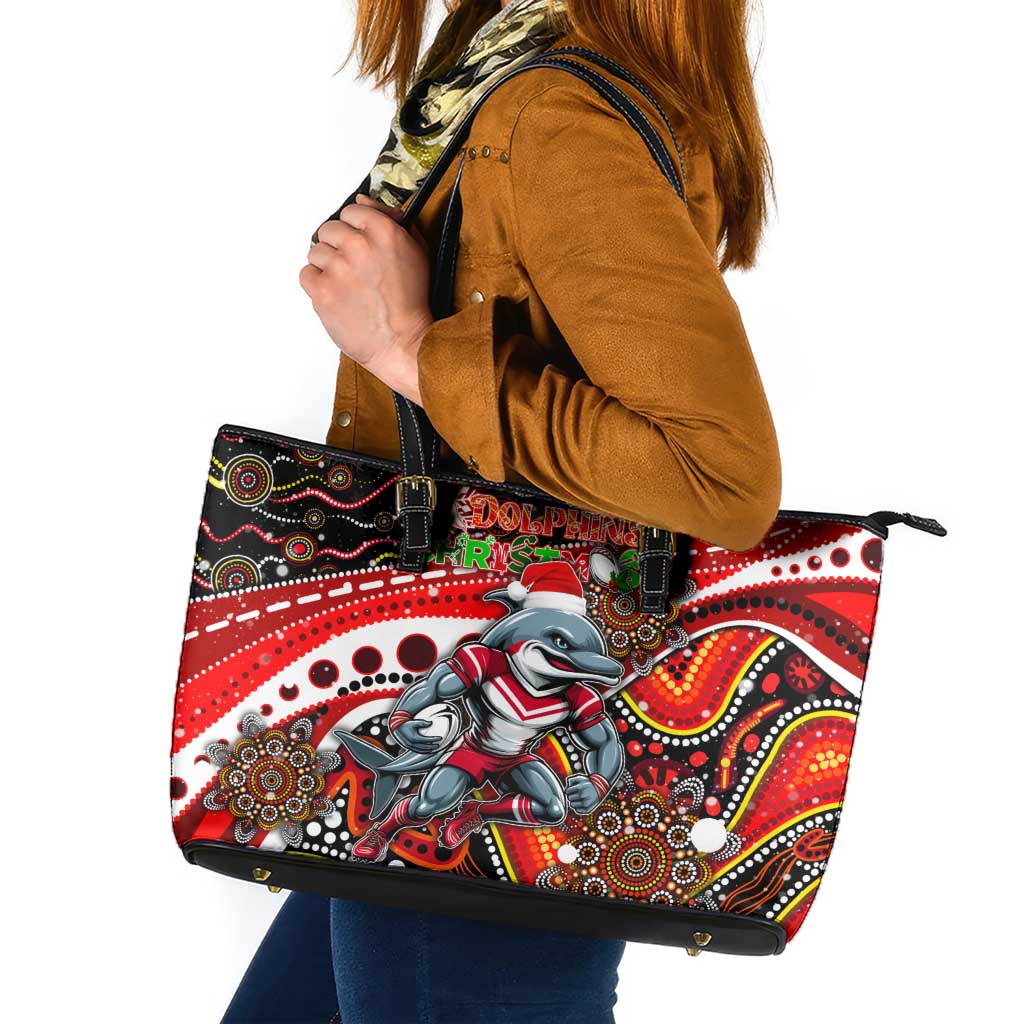 Merry Christmas Dolphins Leather Tote Bag Aboriginal Santa Rugby Mascot - Redcliffe