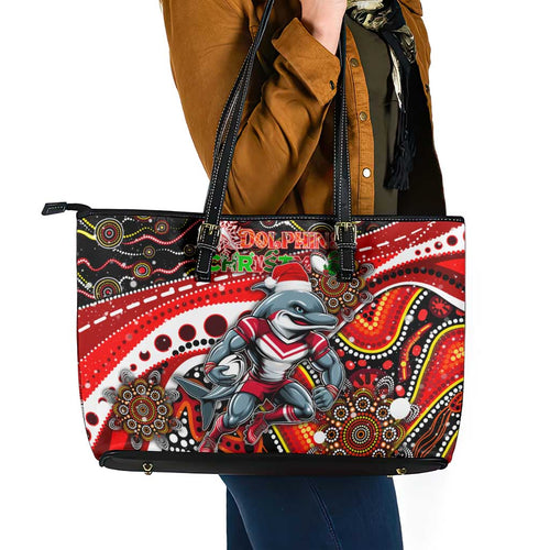Merry Christmas Dolphins Leather Tote Bag Aboriginal Santa Rugby Mascot - Redcliffe
