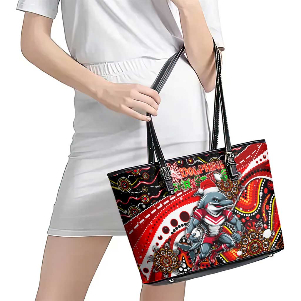 Merry Christmas Dolphins Leather Tote Bag Aboriginal Santa Rugby Mascot - Redcliffe
