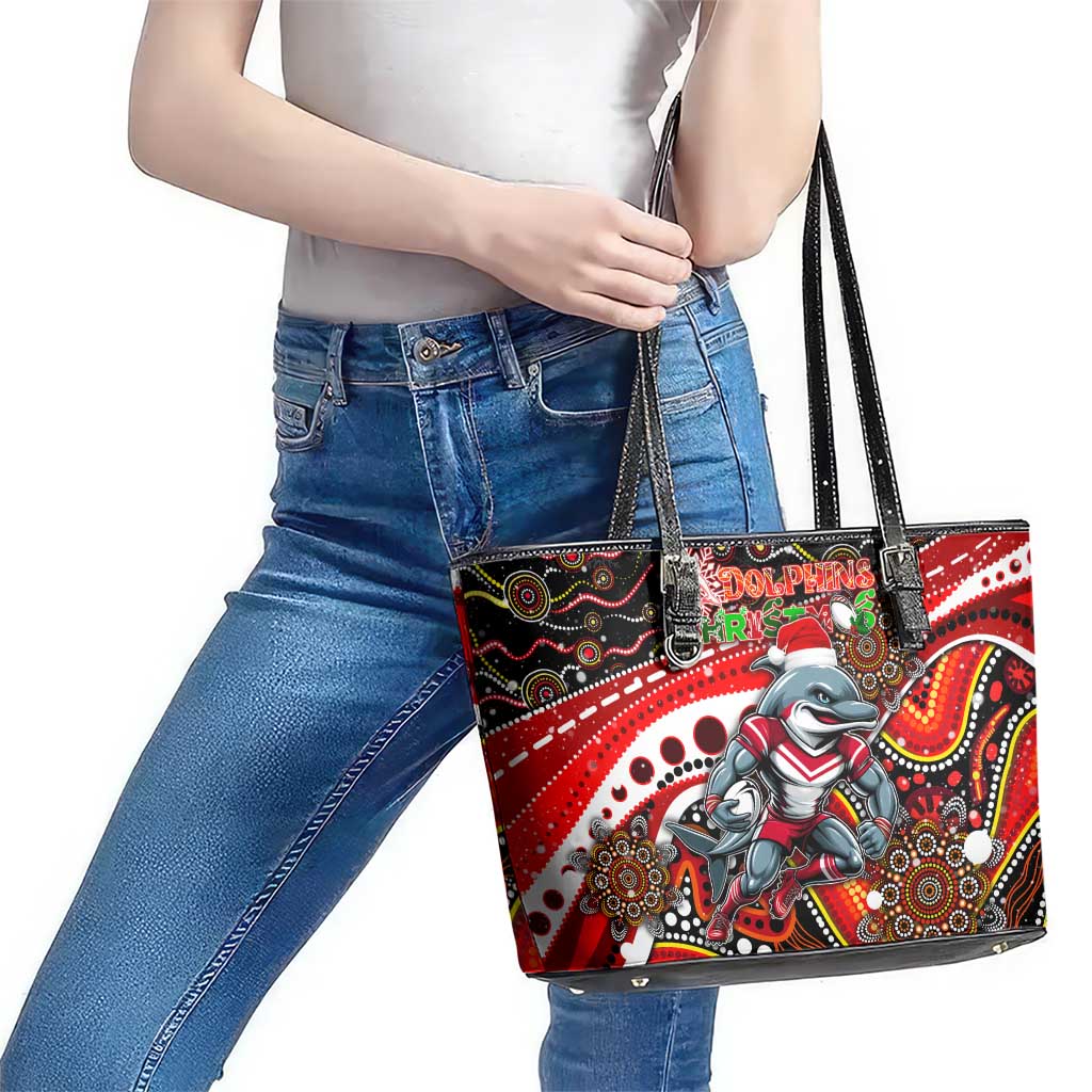 Merry Christmas Dolphins Leather Tote Bag Aboriginal Santa Rugby Mascot - Redcliffe