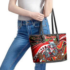 Merry Christmas Dolphins Leather Tote Bag Aboriginal Santa Rugby Mascot - Redcliffe
