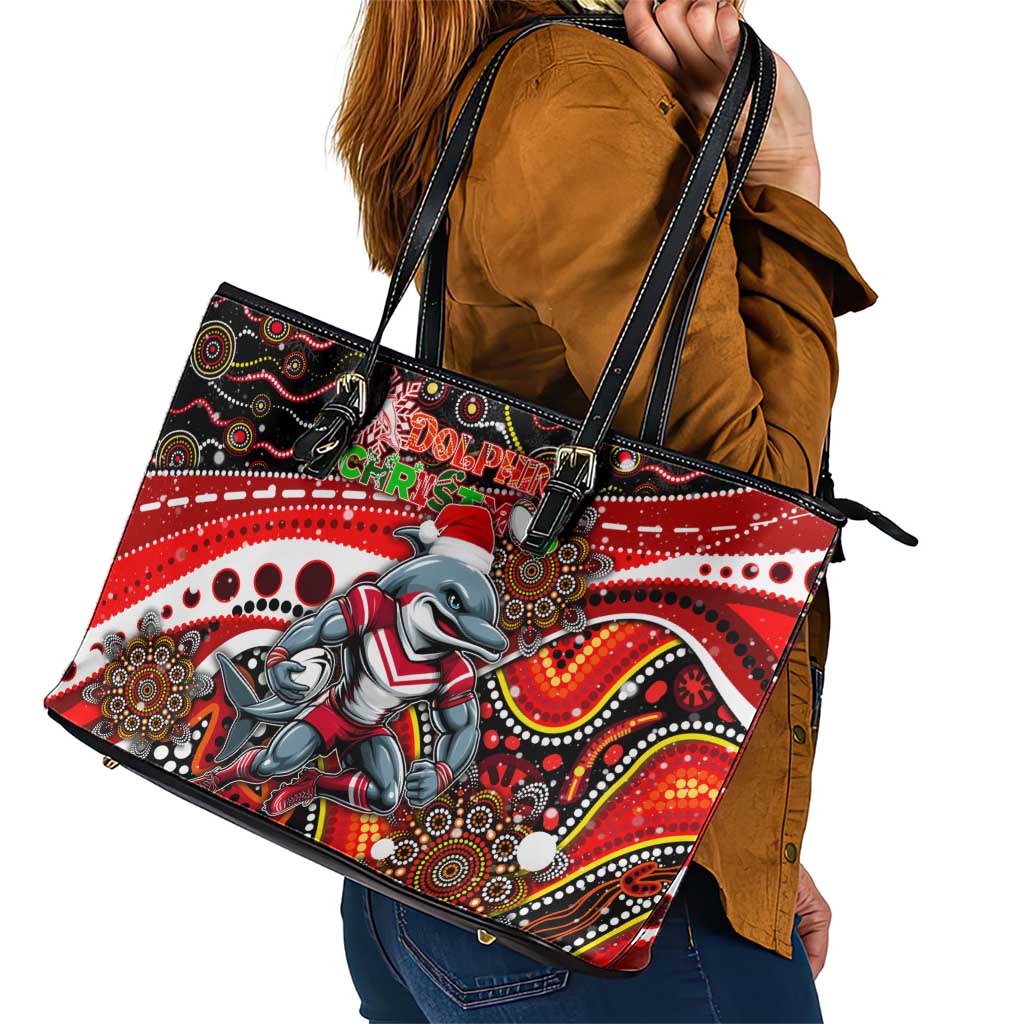 Merry Christmas Dolphins Leather Tote Bag Aboriginal Santa Rugby Mascot - Redcliffe