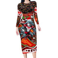 Merry Christmas Dolphins Long Sleeve Bodycon Dress Aboriginal Santa Rugby Mascot - Redcliffe