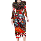Merry Christmas Dolphins Long Sleeve Bodycon Dress Aboriginal Santa Rugby Mascot - Redcliffe