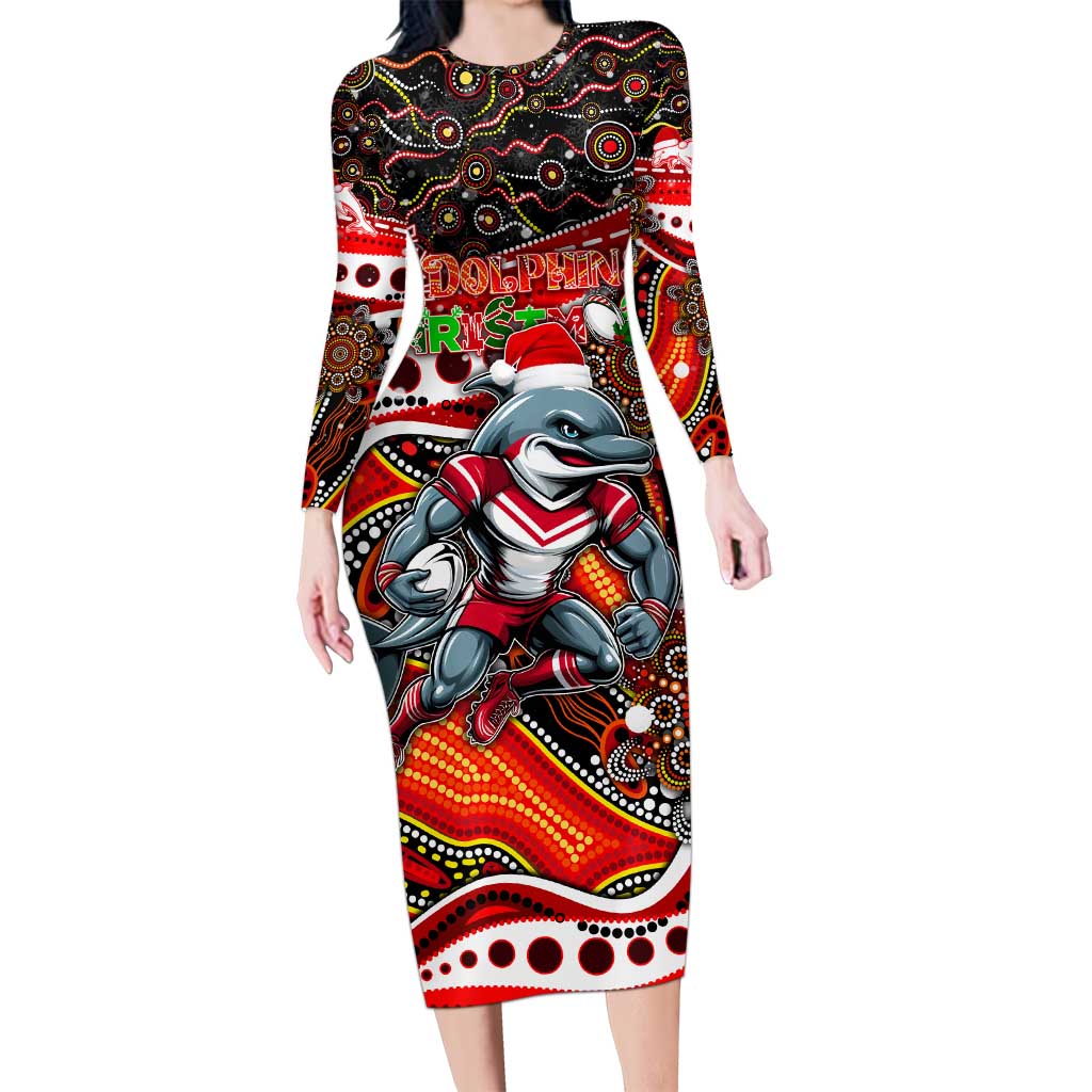 Merry Christmas Dolphins Long Sleeve Bodycon Dress Aboriginal Santa Rugby Mascot - Redcliffe