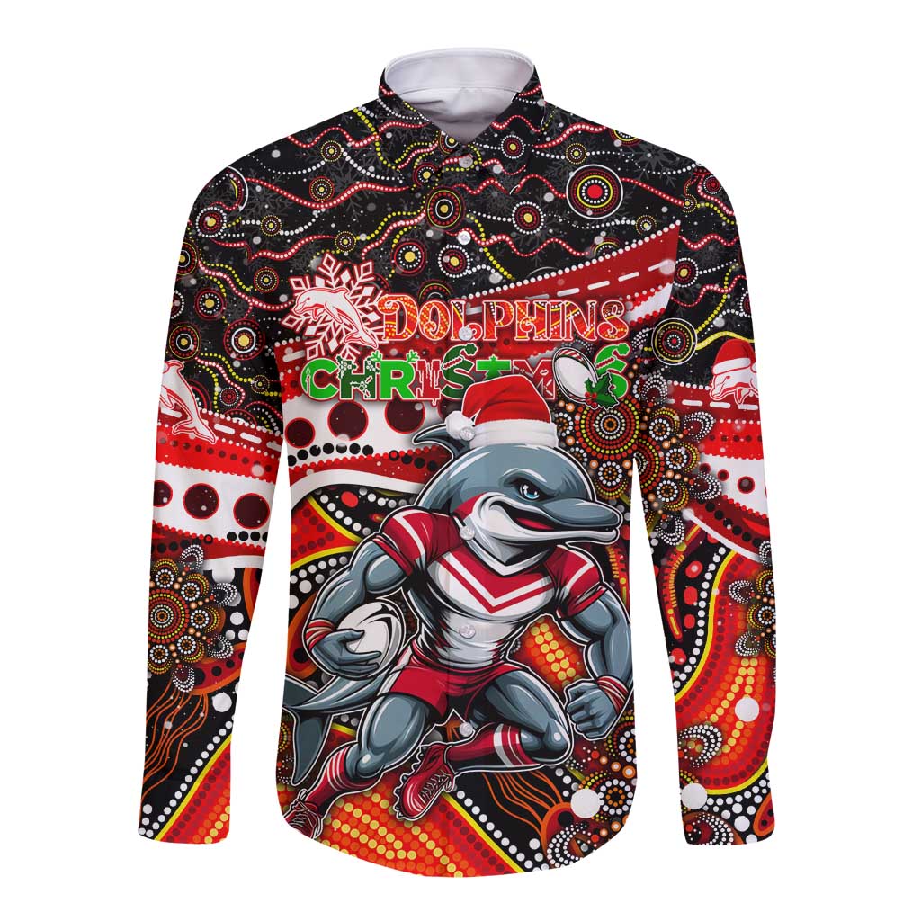 Merry Christmas Dolphins Long Sleeve Button Shirt Aboriginal Santa Rugby Mascot - Redcliffe