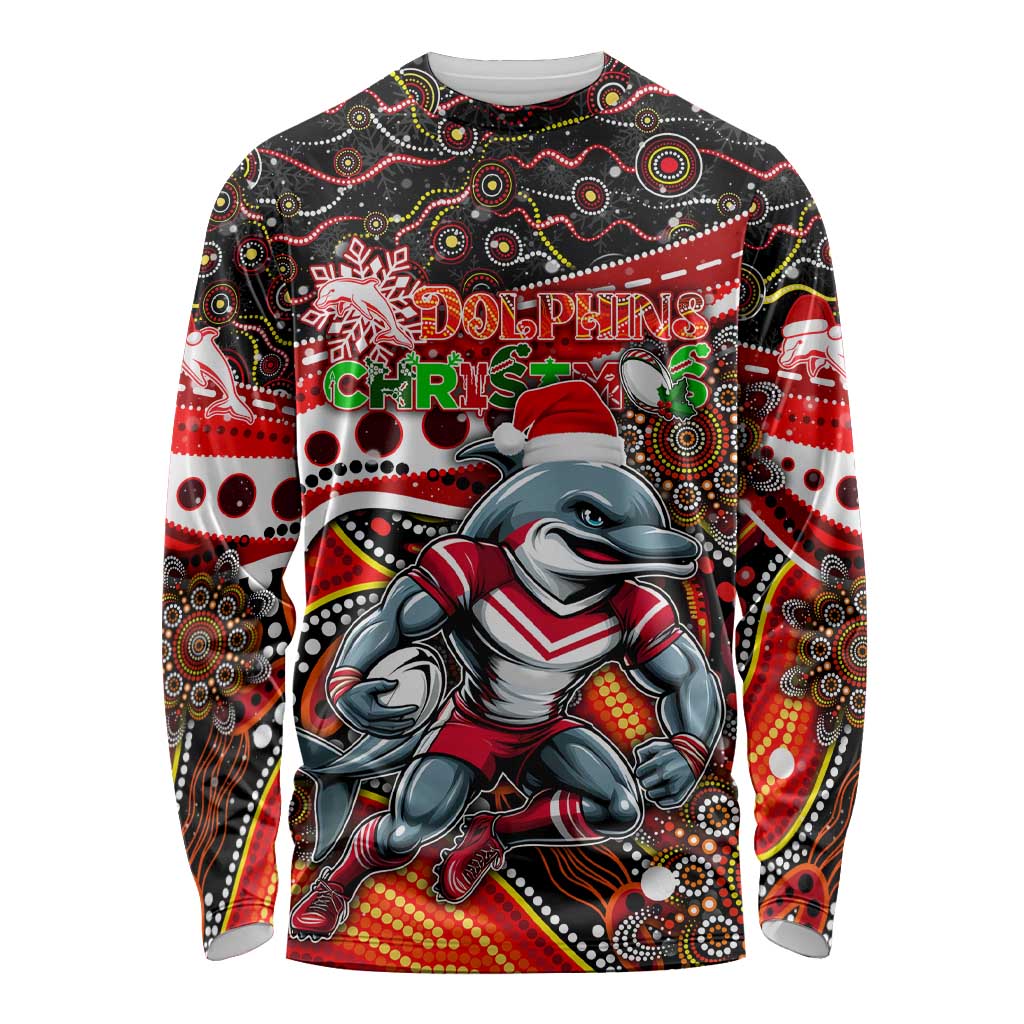 Merry Christmas Dolphins Long Sleeve Shirt Aboriginal Santa Rugby Mascot - Redcliffe