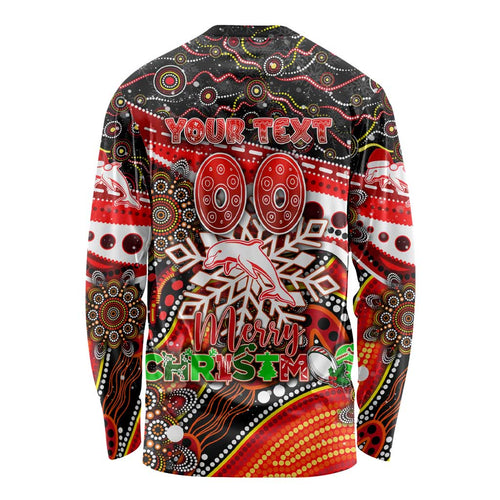 Merry Christmas Dolphins Long Sleeve Shirt Aboriginal Santa Rugby Mascot - Redcliffe