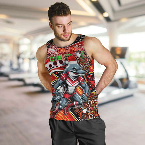 Merry Christmas Dolphins Men Tank Top Aboriginal Santa Rugby Mascot - Redcliffe