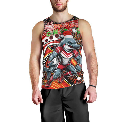 Merry Christmas Dolphins Men Tank Top Aboriginal Santa Rugby Mascot - Redcliffe