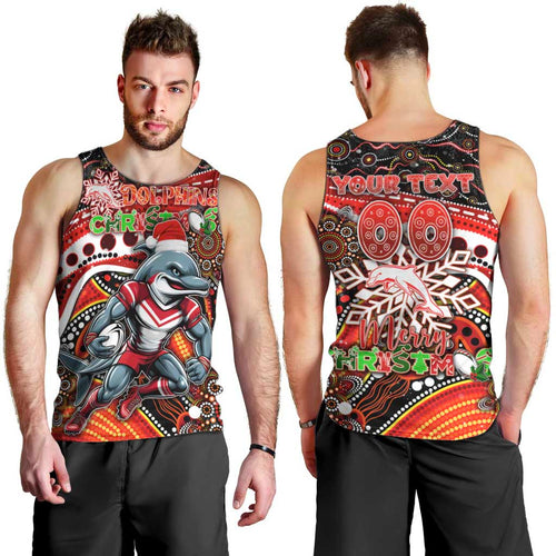 Merry Christmas Dolphins Men Tank Top Aboriginal Santa Rugby Mascot - Redcliffe