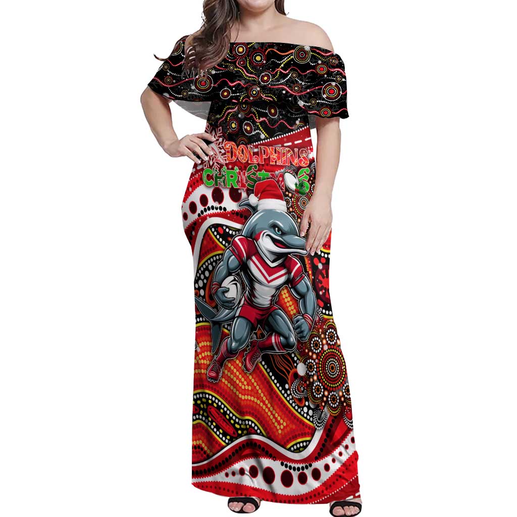 Merry Christmas Dolphins Off Shoulder Maxi Dress Aboriginal Santa Rugby Mascot - Redcliffe